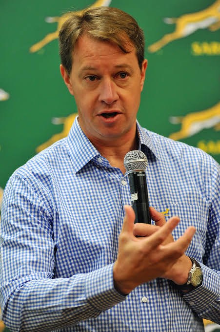 Jurie Roux speaking at an SA Rugby media event